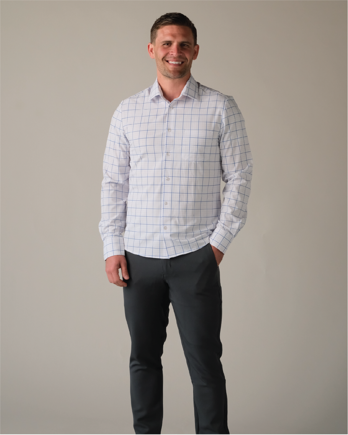 Range Shirt - White w/ Navy and Grey Grid